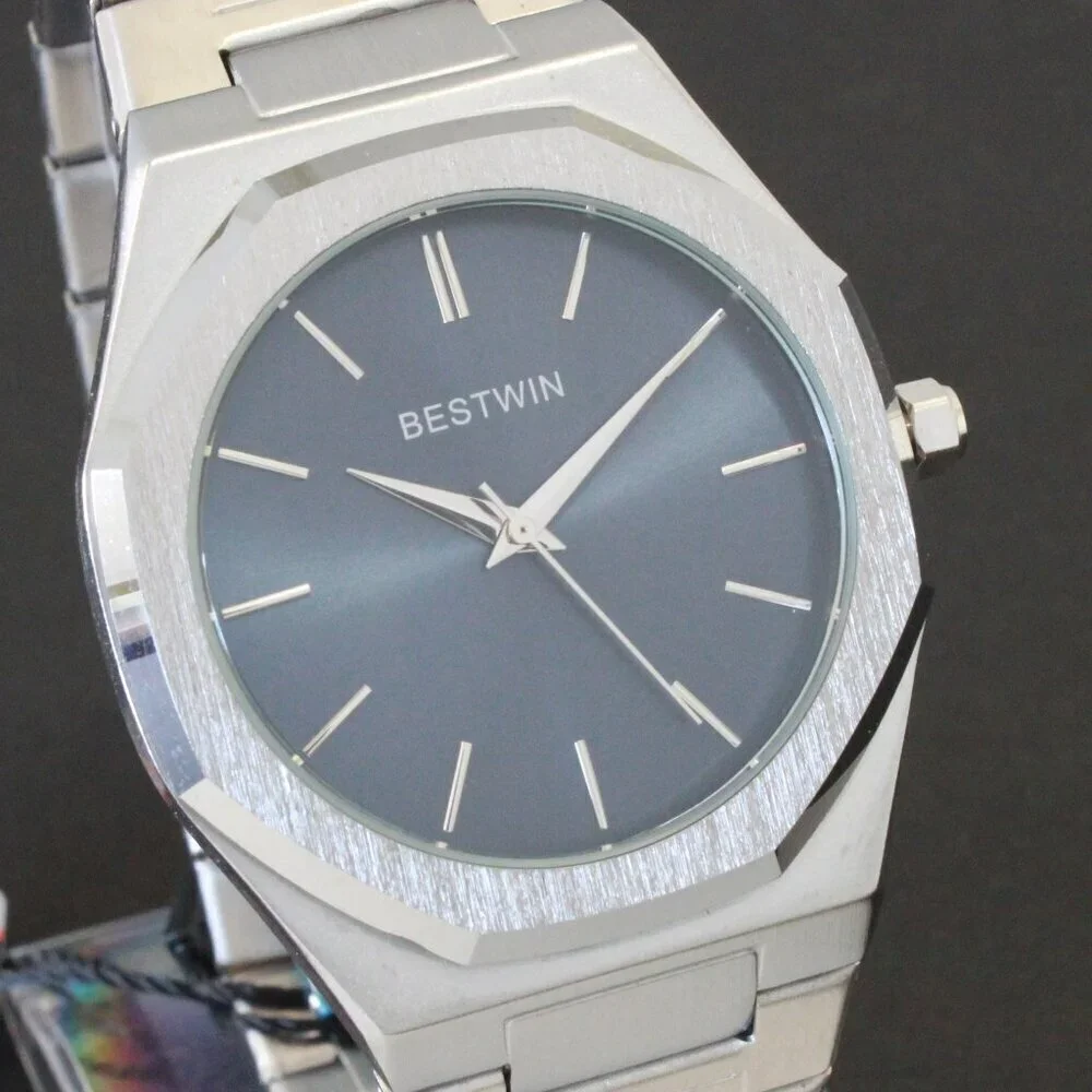 Men's Sports Watch Integrated Bracelet Silver Tone Blue Dial 41.5mm